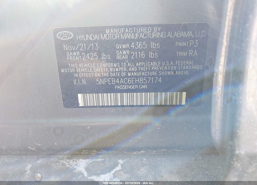 2014 HYUNDAI SONATA GLS VIN: 5NPEB4AC6EH857174