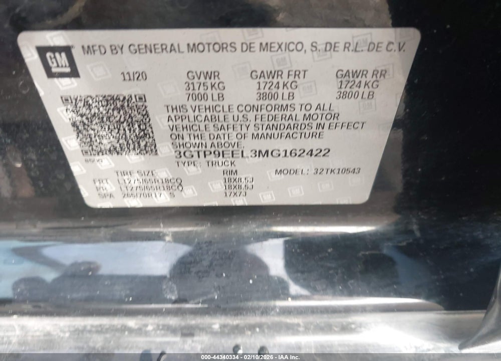 2021 GMC SIERRA K1500 AT4 VIN: 3GTP9EEL3MG162422