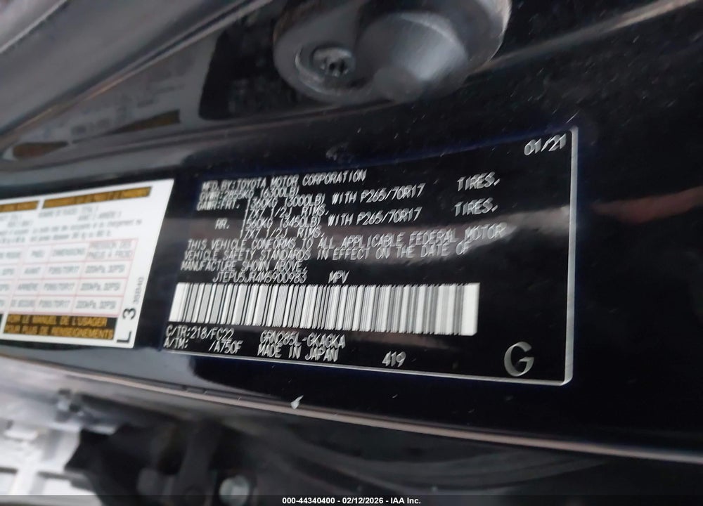 2021 TOYOTA 4RUNNER TRD OFF ROAD VIN: JTEPU5JR4M5900983