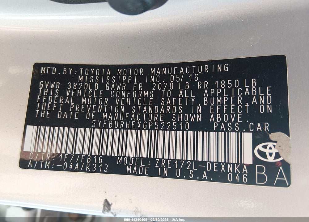 2016 TOYOTA COROLLA LE VIN: 5YFBURHEXGP522510