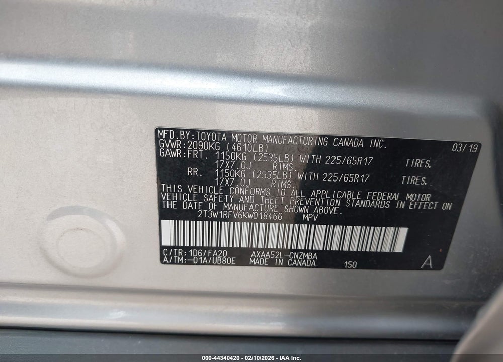 2019 TOYOTA RAV4 XLE VIN: 2T3W1RFV6KW018466