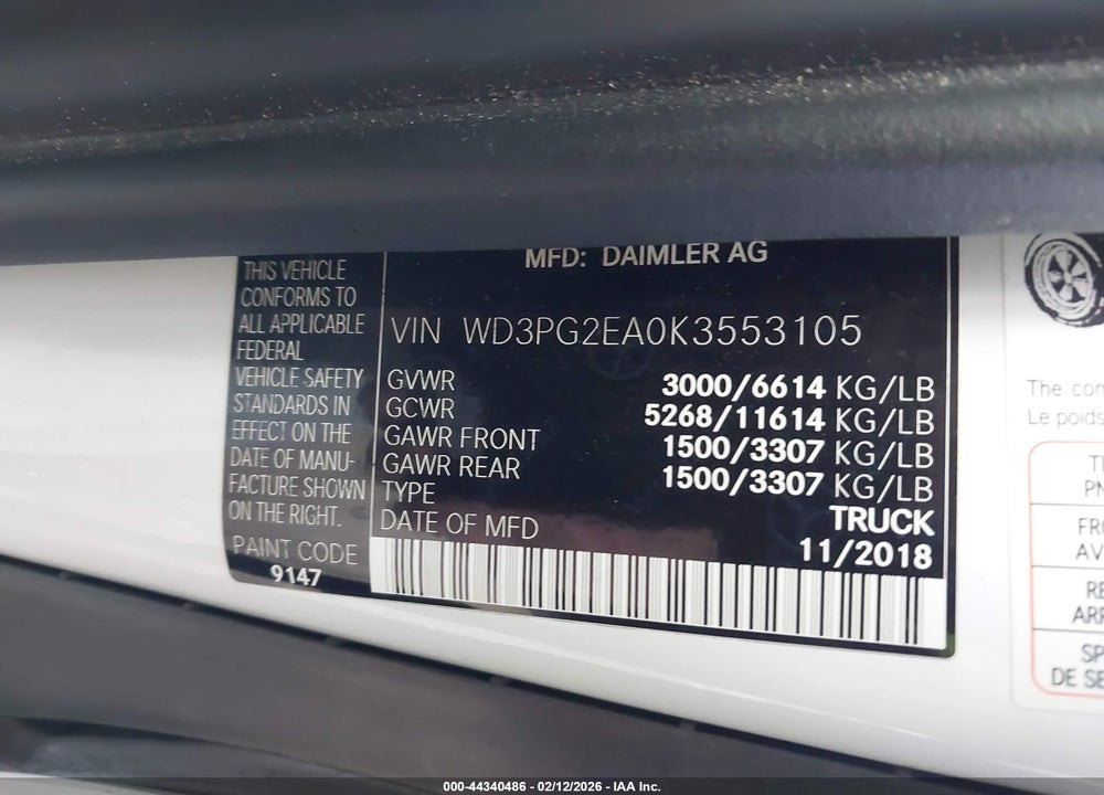 2019 MERCEDES-BENZ METRIS VIN: WD3PG2EA0K3553105