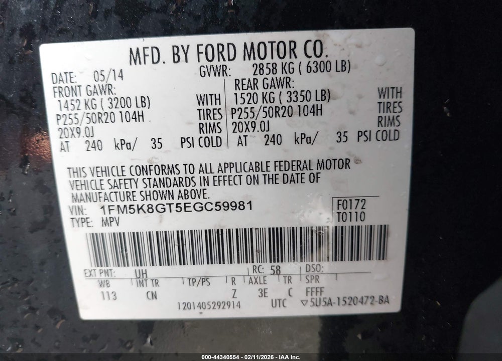 2014 FORD EXPLORER SPORT VIN: 1FM5K8GT5EGC59981