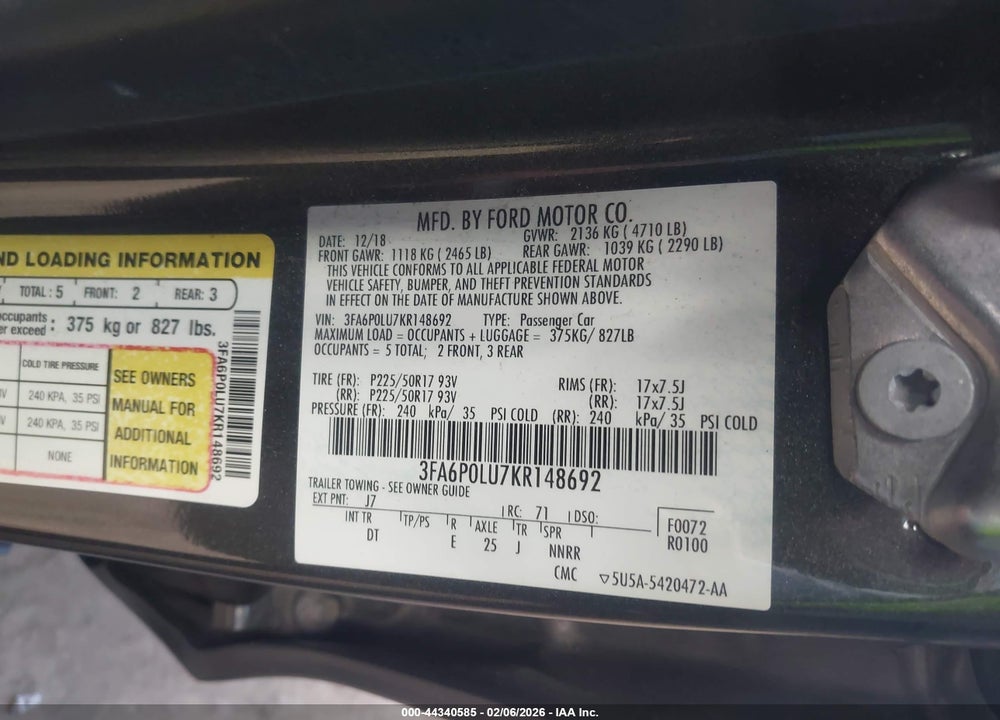 2019 FORD FUSION HYBRID SE VIN: 3FA6P0LU7KR148692