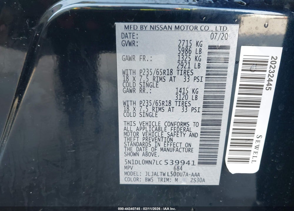 2020 INFINITI QX60 LUXE VIN: 5N1DL0MN7LC539941
