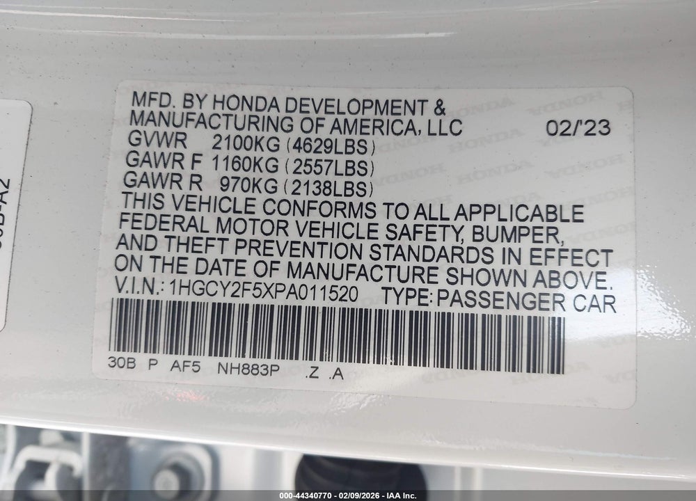 2023 HONDA ACCORD HYBRID SPORT VIN: 1HGCY2F5XPA011520