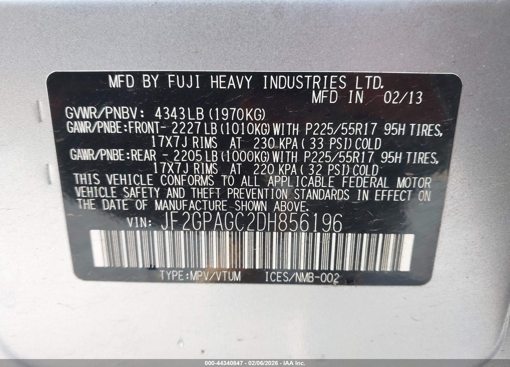 2013 SUBARU XV CROSSTREK 2.0I LIMITED VIN: JF2GPAGC2DH856196