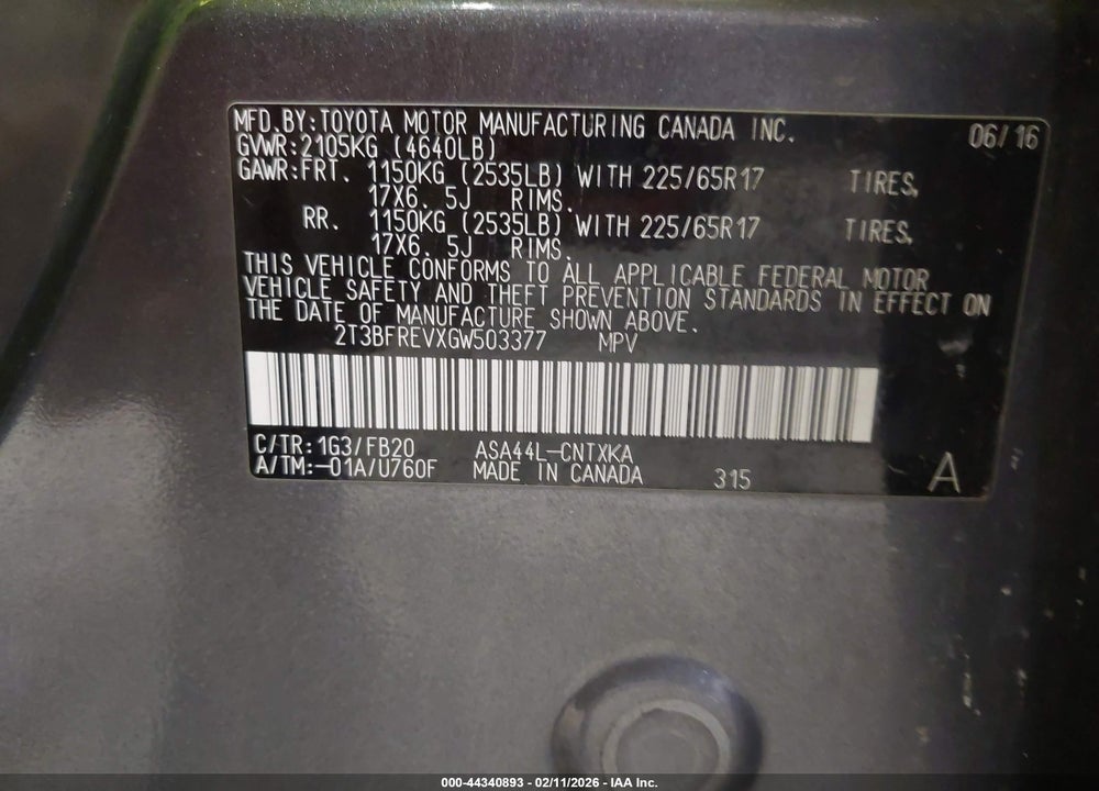 2016 TOYOTA RAV4 LE VIN: 2T3BFREVXGW503377