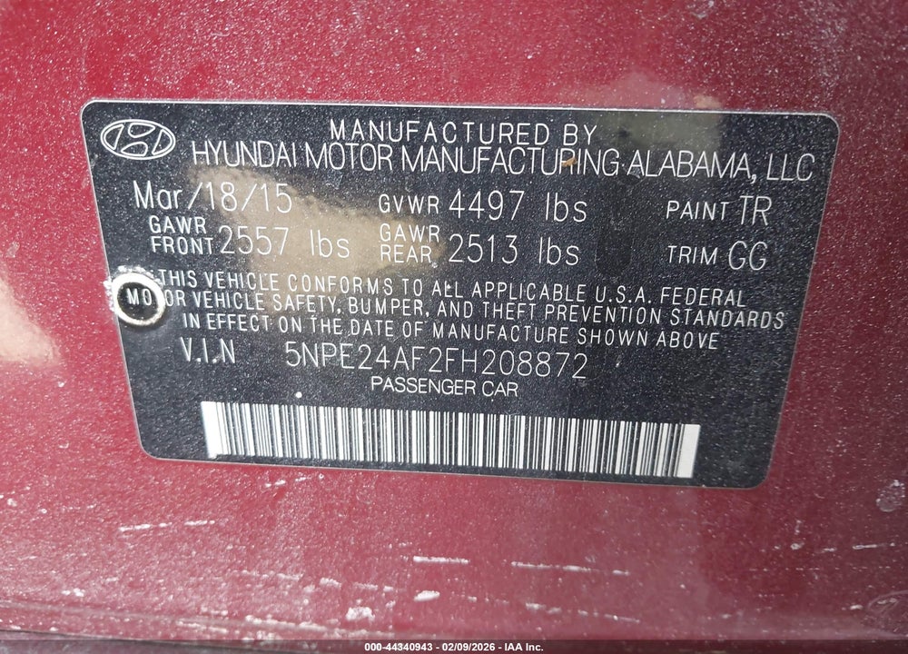 2015 HYUNDAI SONATA SE VIN: 5NPE24AF2FH208872