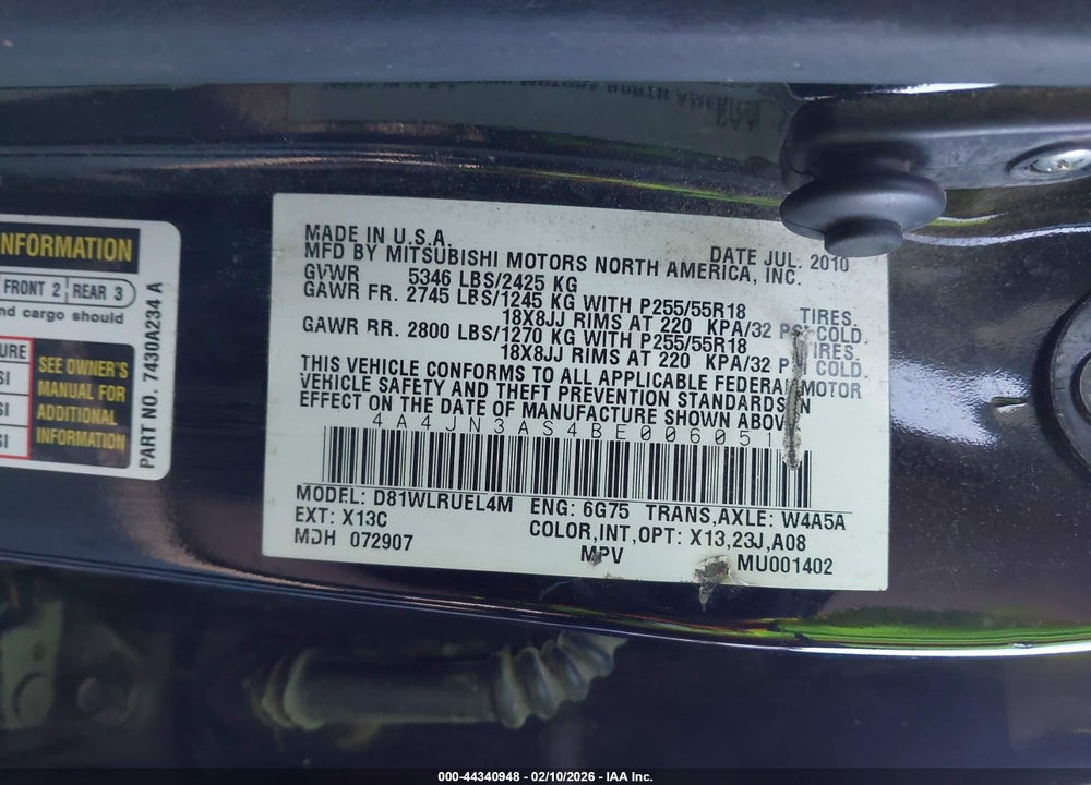 2011 MITSUBISHI ENDEAVOR SE VIN: 4A4JN3AS4BE006051