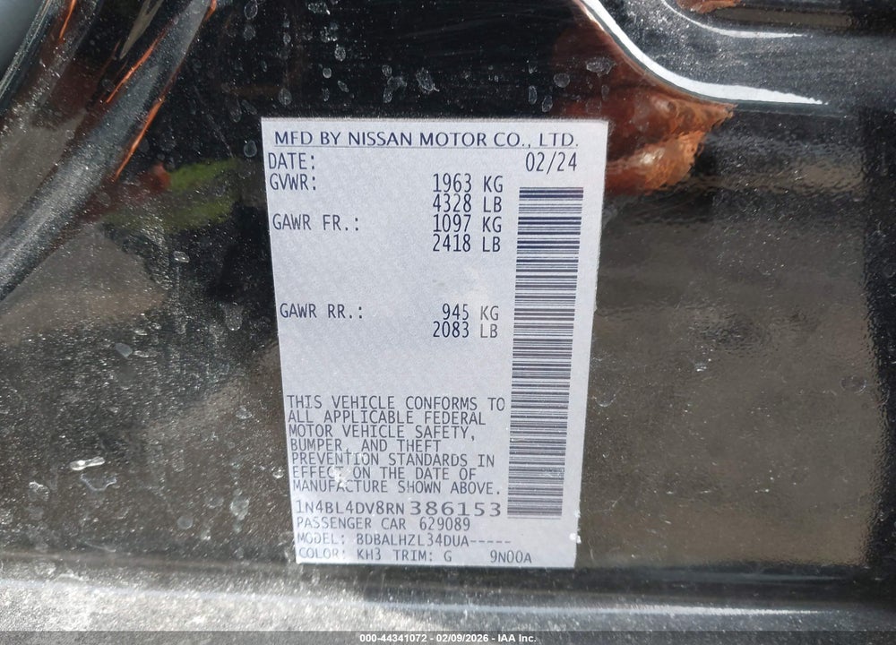 2024 NISSAN ALTIMA SV FWD VIN: 1N4BL4DV8RN386153