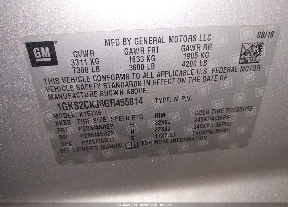2016 GMC YUKON DENALI VIN: 1GKS2CKJ8GR455814
