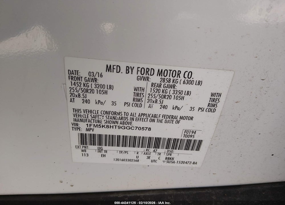 2016 FORD EXPLORER PLATINUM VIN: 1FM5K8HT9GGC70578
