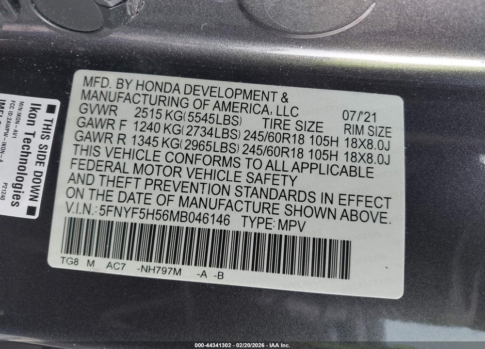 2021 HONDA PILOT 2WD EX-L VIN: 5FNYF5H56MB046146