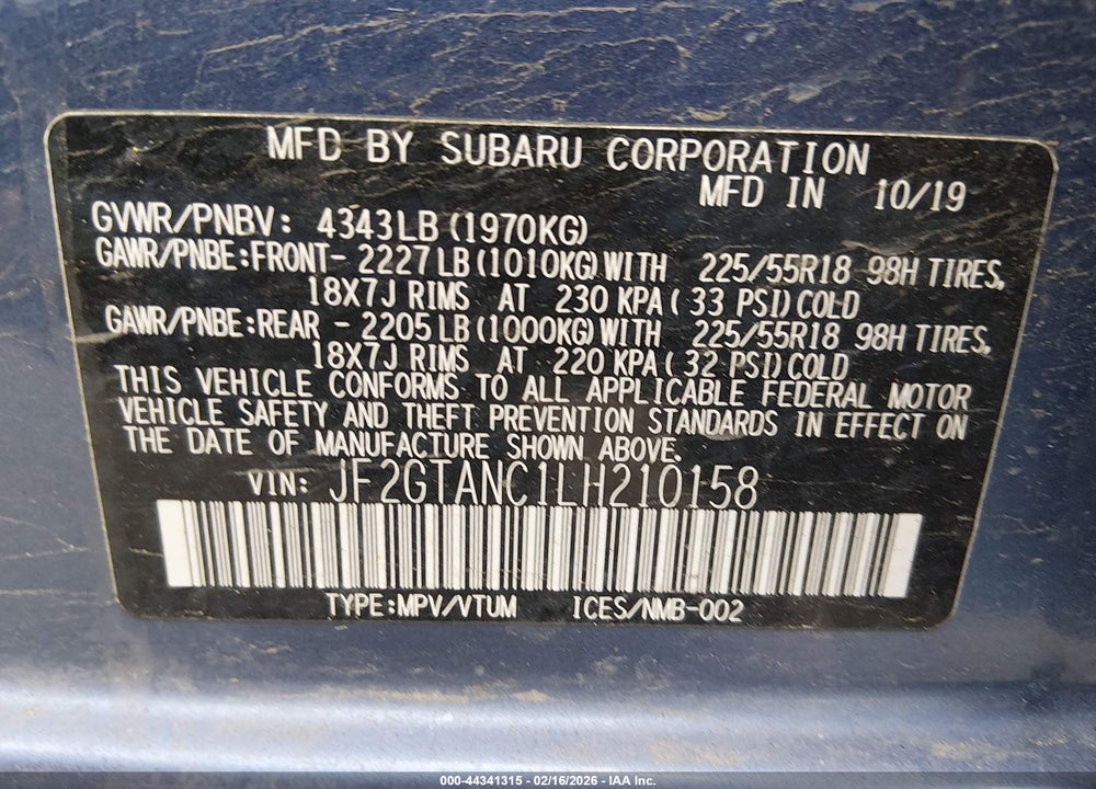 2020 SUBARU CROSSTREK LIMITED VIN: JF2GTANC1LH210158
