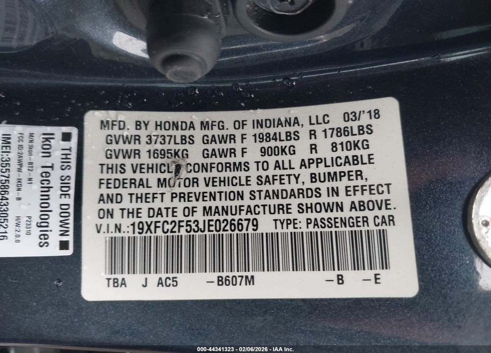 2018 HONDA CIVIC LX VIN: 19XFC2F53JE026679