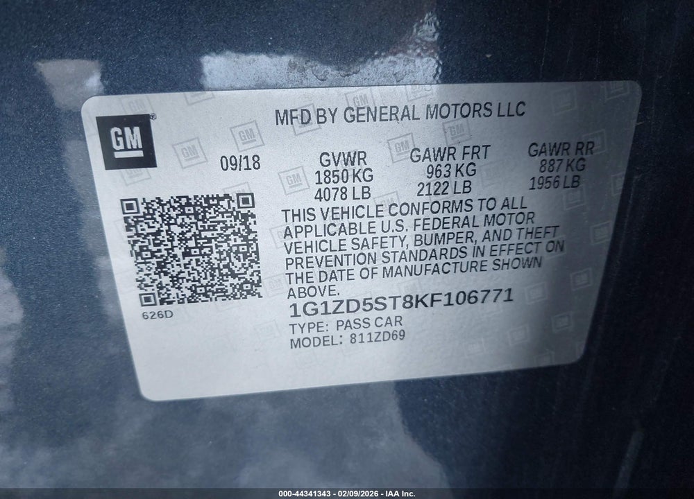 2019 CHEVROLET MALIBU LT VIN: 1G1ZD5ST8KF106771
