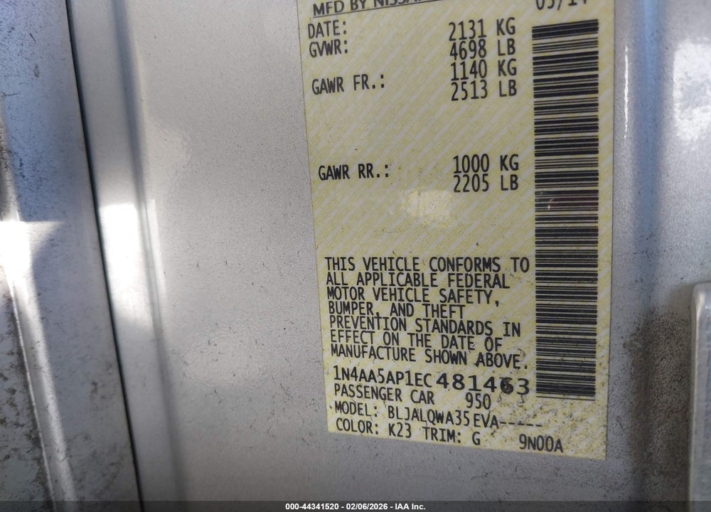 2014 NISSAN MAXIMA VIN: 1N4AA5AP1EC481463