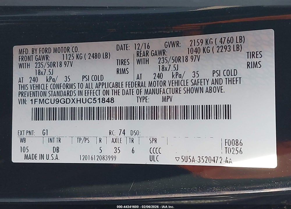 2017 FORD ESCAPE SE VIN: 1FMCU9GDXHUC51848