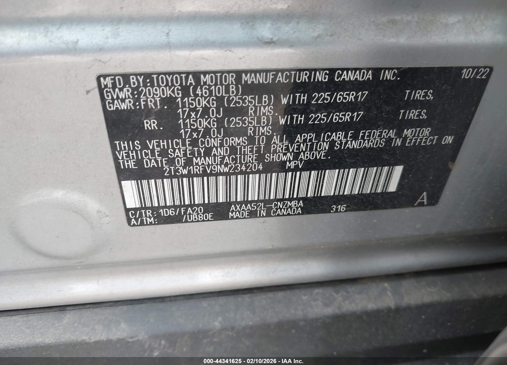 2022 TOYOTA RAV4 XLE VIN: 2T3W1RFV9NW234204