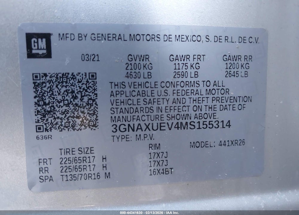 2021 CHEVROLET EQUINOX AWD LT VIN: 3GNAXUEV4MS155314