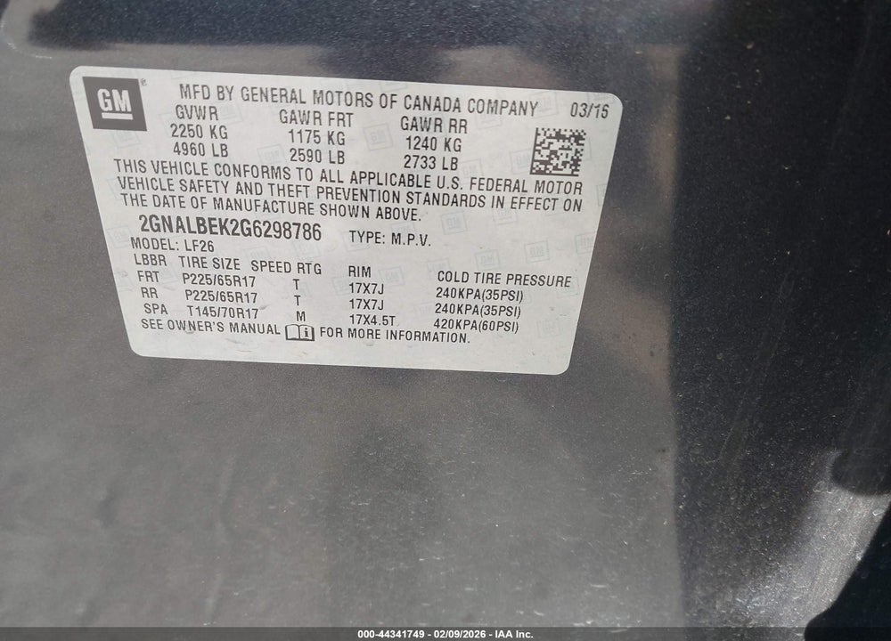 2016 CHEVROLET EQUINOX LS VIN: 2GNALBEK2G6298786