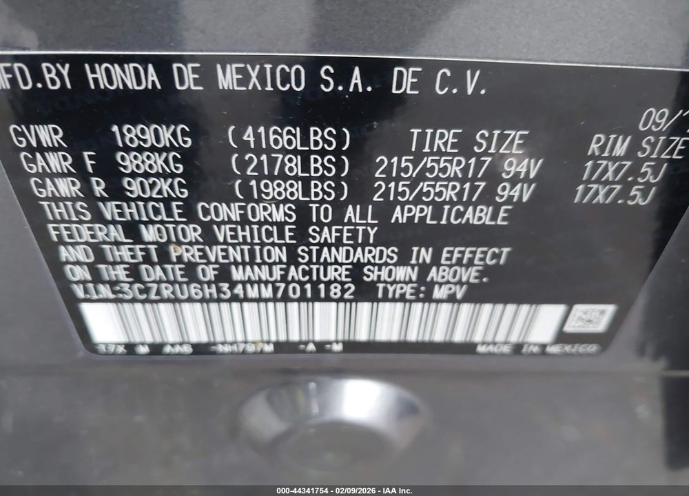 2021 HONDA HR-V AWD LX VIN: 3CZRU6H34MM701182
