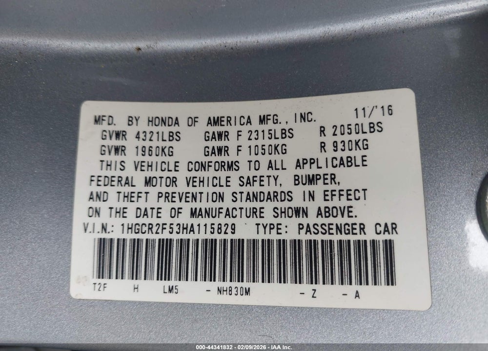 2017 HONDA ACCORD SPORT VIN: 1HGCR2F53HA115829