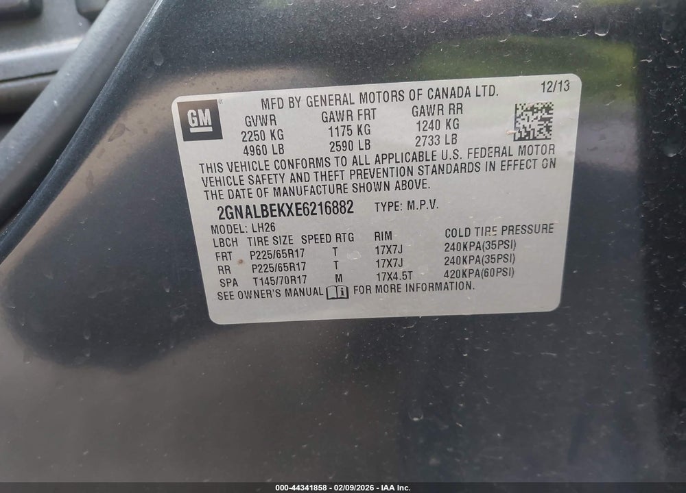 2014 CHEVROLET EQUINOX 1LT VIN: 2GNALBEKXE6216882