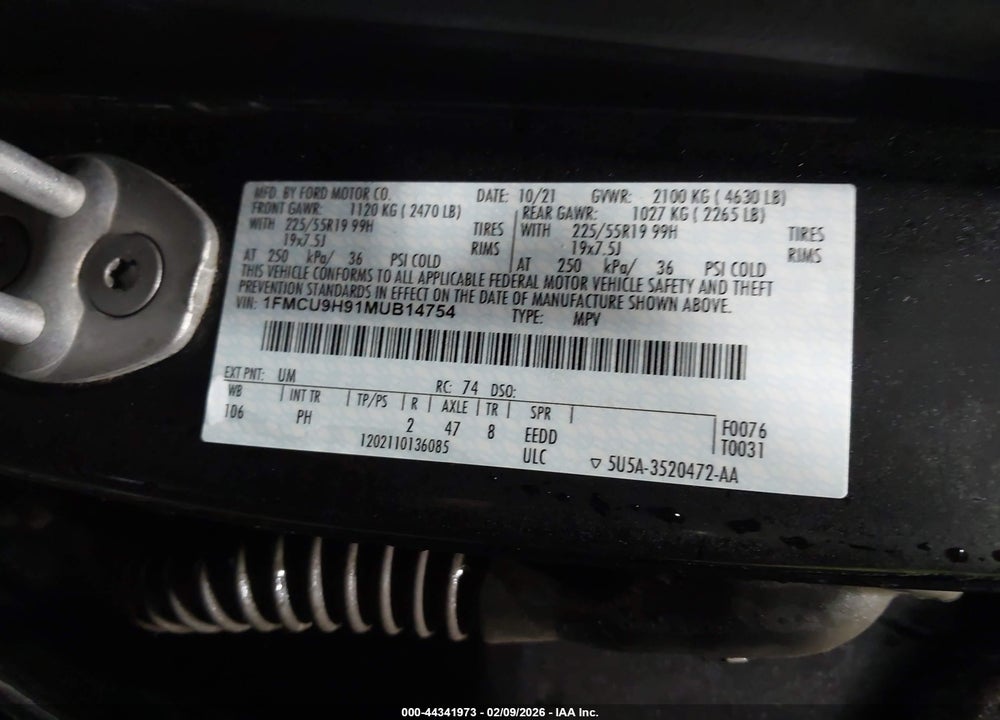 2021 FORD ESCAPE SEL VIN: 1FMCU9H91MUB14754