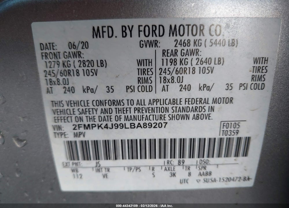 2020 FORD EDGE SEL VIN: 2FMPK4J99LBA89207