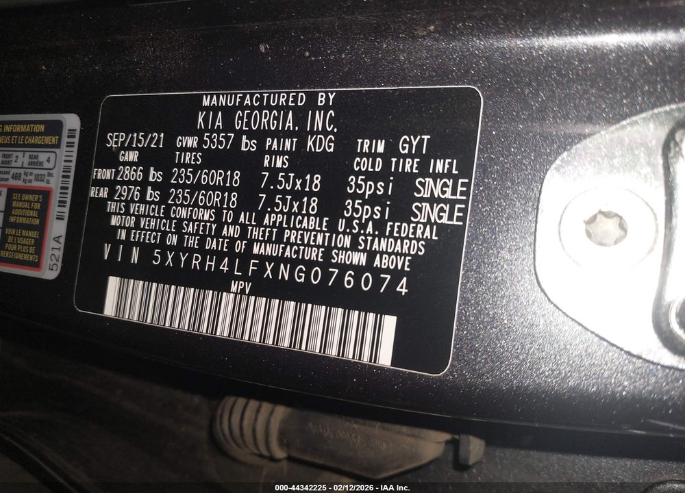 2022 KIA SORENTO EX VIN: 5XYRH4LFXNG076074