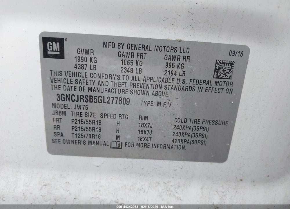 2016 CHEVROLET TRAX LTZ VIN: 3GNCJRSB5GL277809