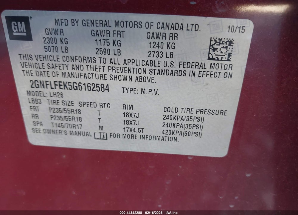 2016 CHEVROLET EQUINOX LT VIN: 2GNFLFEK5G6162584