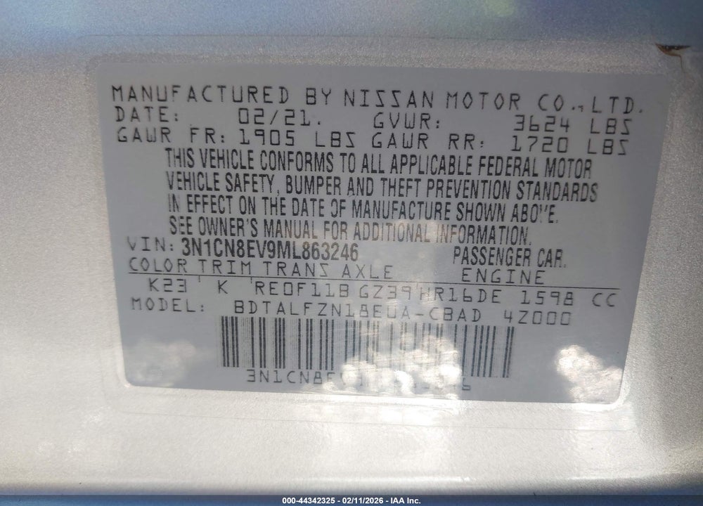 2021 NISSAN VERSA SV VIN: 3N1CN8EV9ML863246