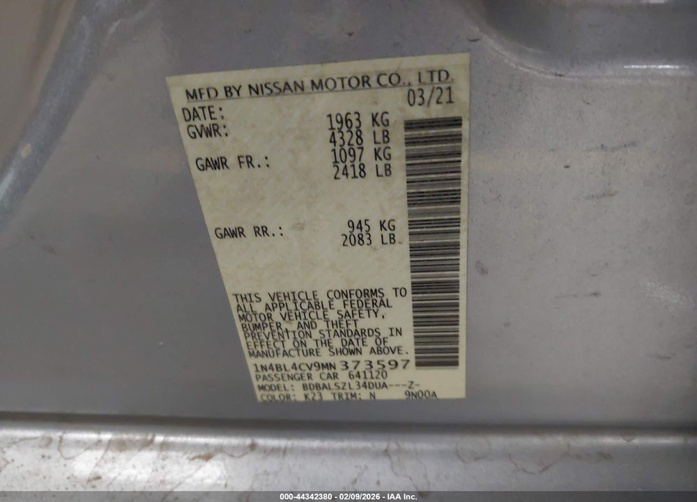 2021 NISSAN ALTIMA 2.5 SR VIN: 1N4BL4CV9MN373597