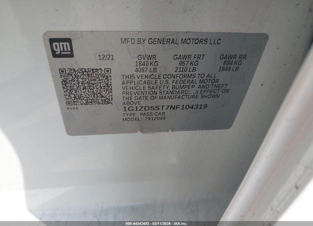 2022 CHEVROLET MALIBU LT VIN: 1G1ZD5ST7NF104319