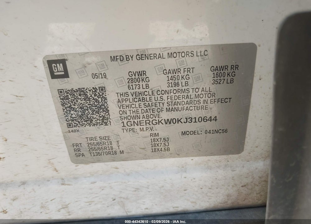 2019 CHEVROLET TRAVERSE 1LT VIN: 1GNERGKW0KJ310644