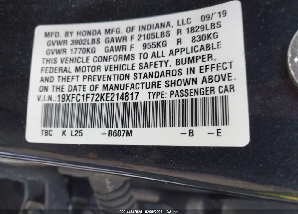 2019 HONDA CIVIC EX-L VIN: 19XFC1F72KE214817