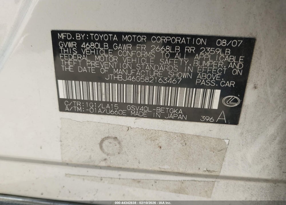 2008 LEXUS ES 350 VIN: JTHBJ46G582163467