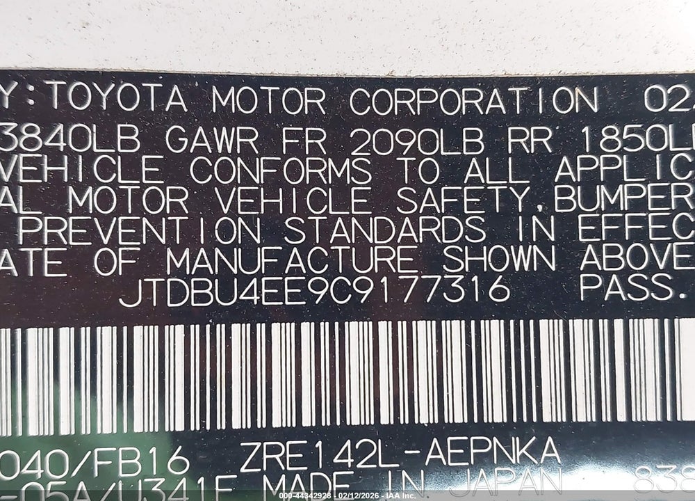 2012 TOYOTA COROLLA LE VIN: JTDBU4EE9C9177316