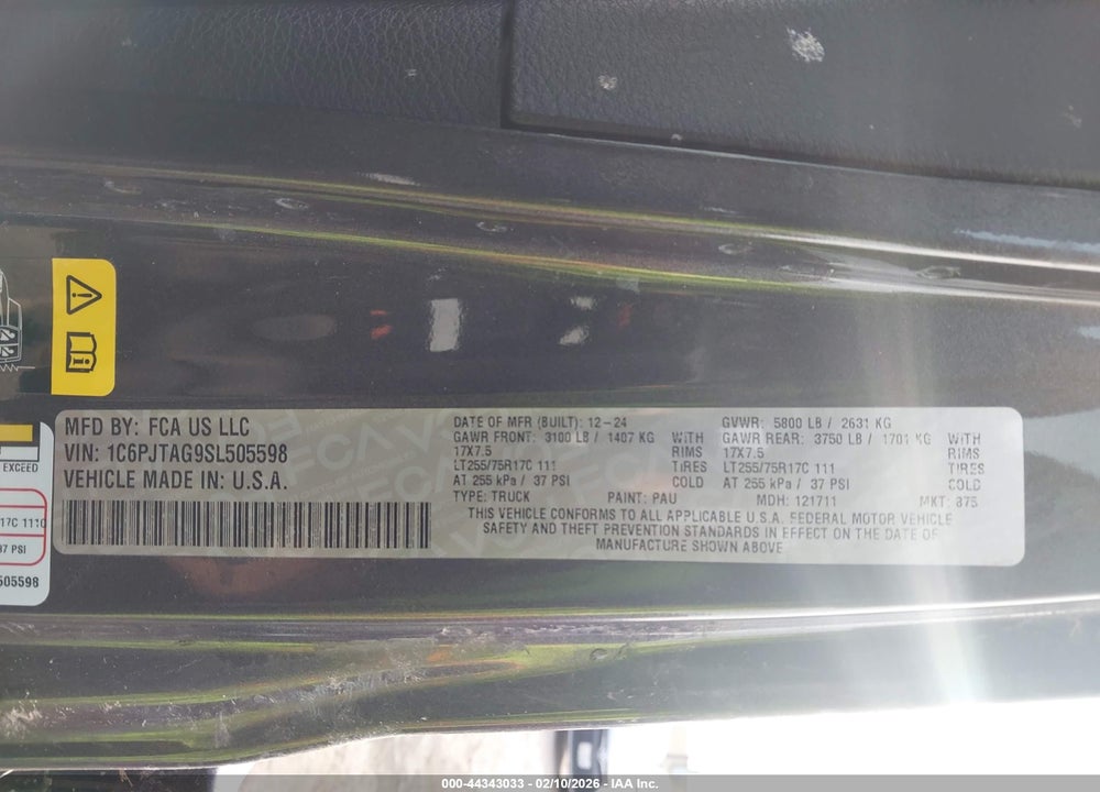 2025 JEEP GLADIATOR TEXAS TRAIL VIN: 1C6PJTAG9SL505598