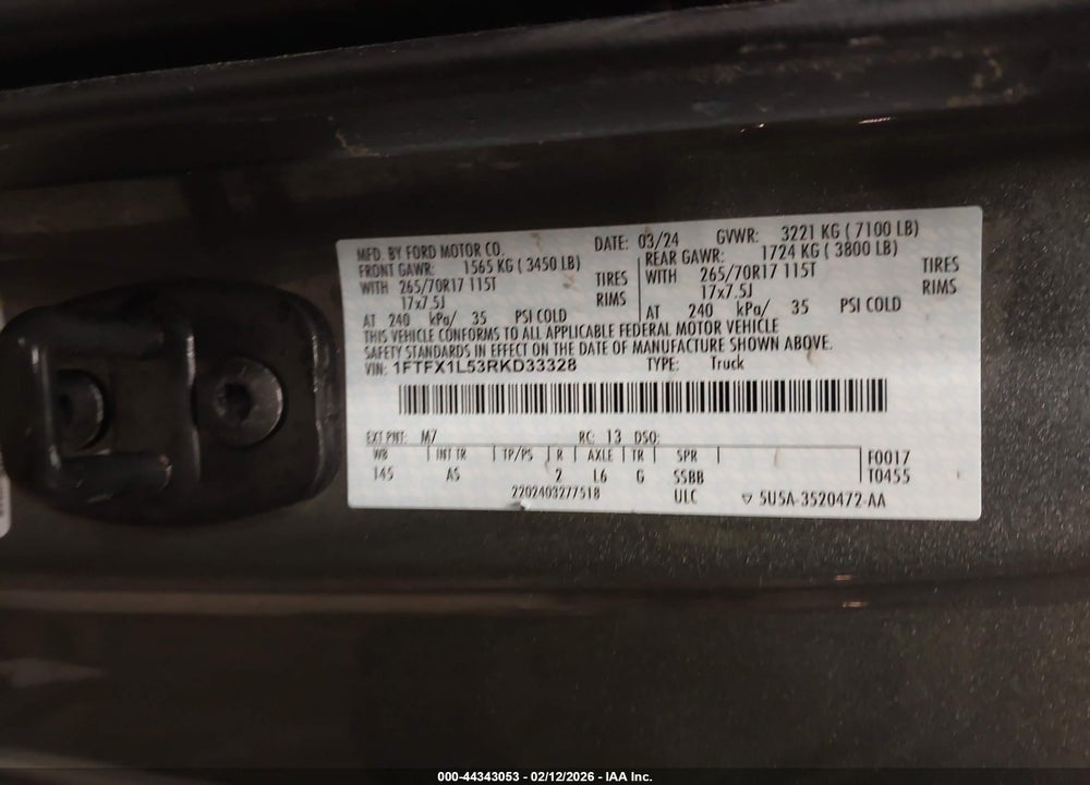 2024 FORD F-150 XL VIN: 1FTFX1L53RKD33328