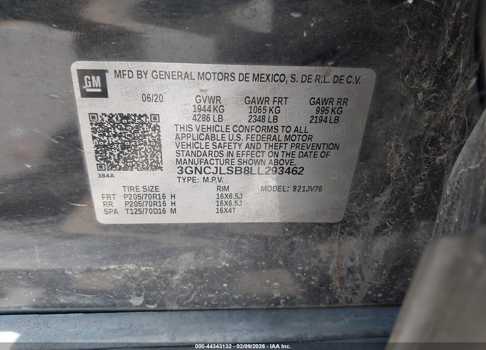 2020 CHEVROLET TRAX FWD LT VIN: 3GNCJLSB8LL293462