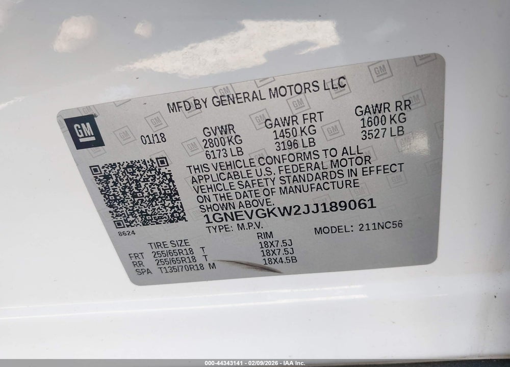 2018 CHEVROLET TRAVERSE 1LT VIN: 1GNEVGKW2JJ189061