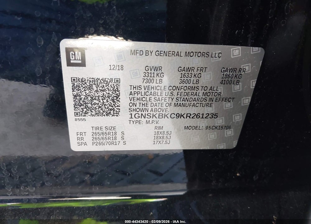 2019 CHEVROLET TAHOE LT VIN: 1GNSKBKC9KR261235