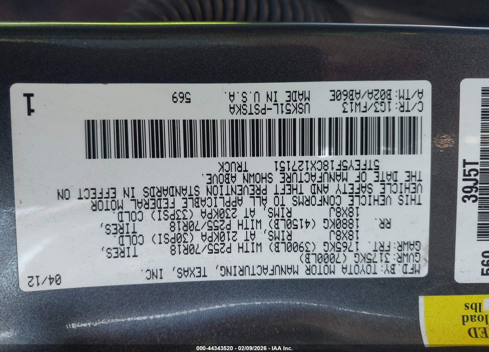 2012 TOYOTA TUNDRA GRADE 5.7L V8 VIN: 5TFEY5F18CX127151