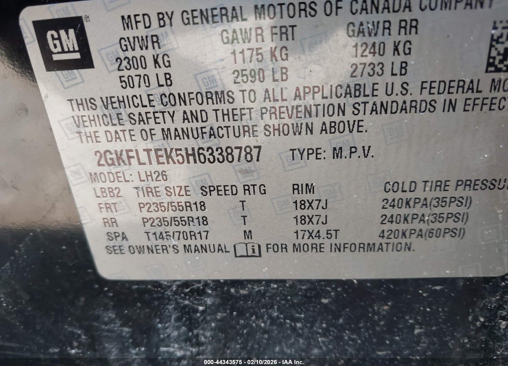 2017 GMC TERRAIN SLE-2 VIN: 2GKFLTEK5H6338787