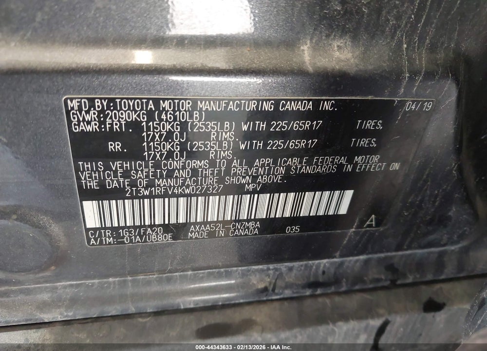 2019 TOYOTA RAV4 XLE VIN: 2T3W1RFV4KW027327