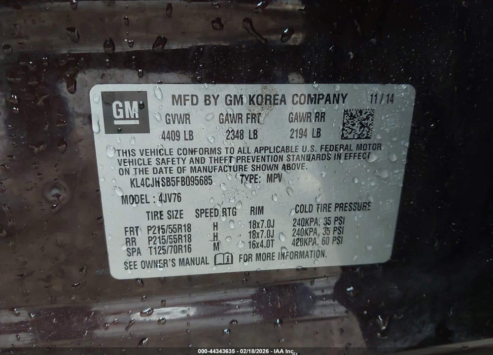 2015 BUICK ENCORE PREMIUM VIN: KL4CJHSB5FB095685